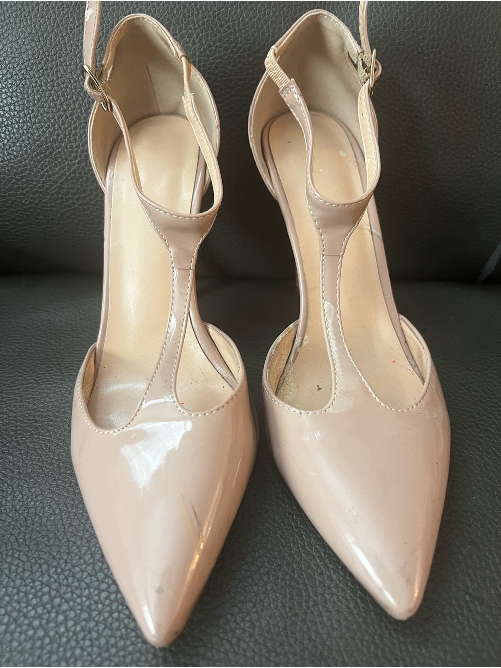 Women's Patent Pointed-Toe T-Strap Pump in Blush